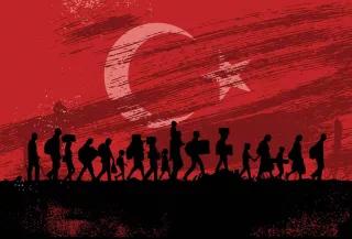 Refugees walking in front of a Turkish flag