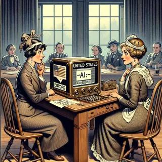 AI generated image of two women in late 1800s/early 1900s sitting at a computer