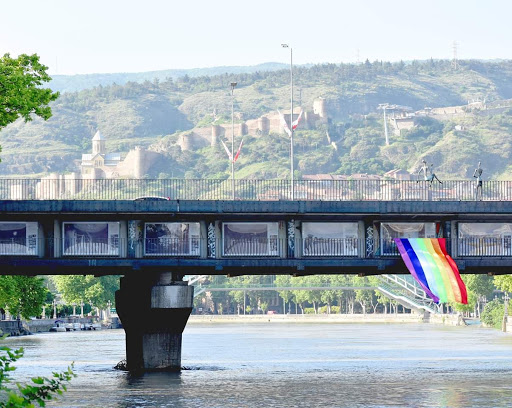 LGBTQ+ activists hung a single rainbow flag off Baratashvili Bridge in central Tbilisi to mark IDAHOT in 2019.