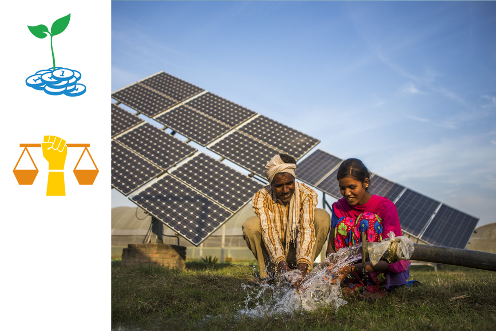 Man and woman wash hands in front of solar panels