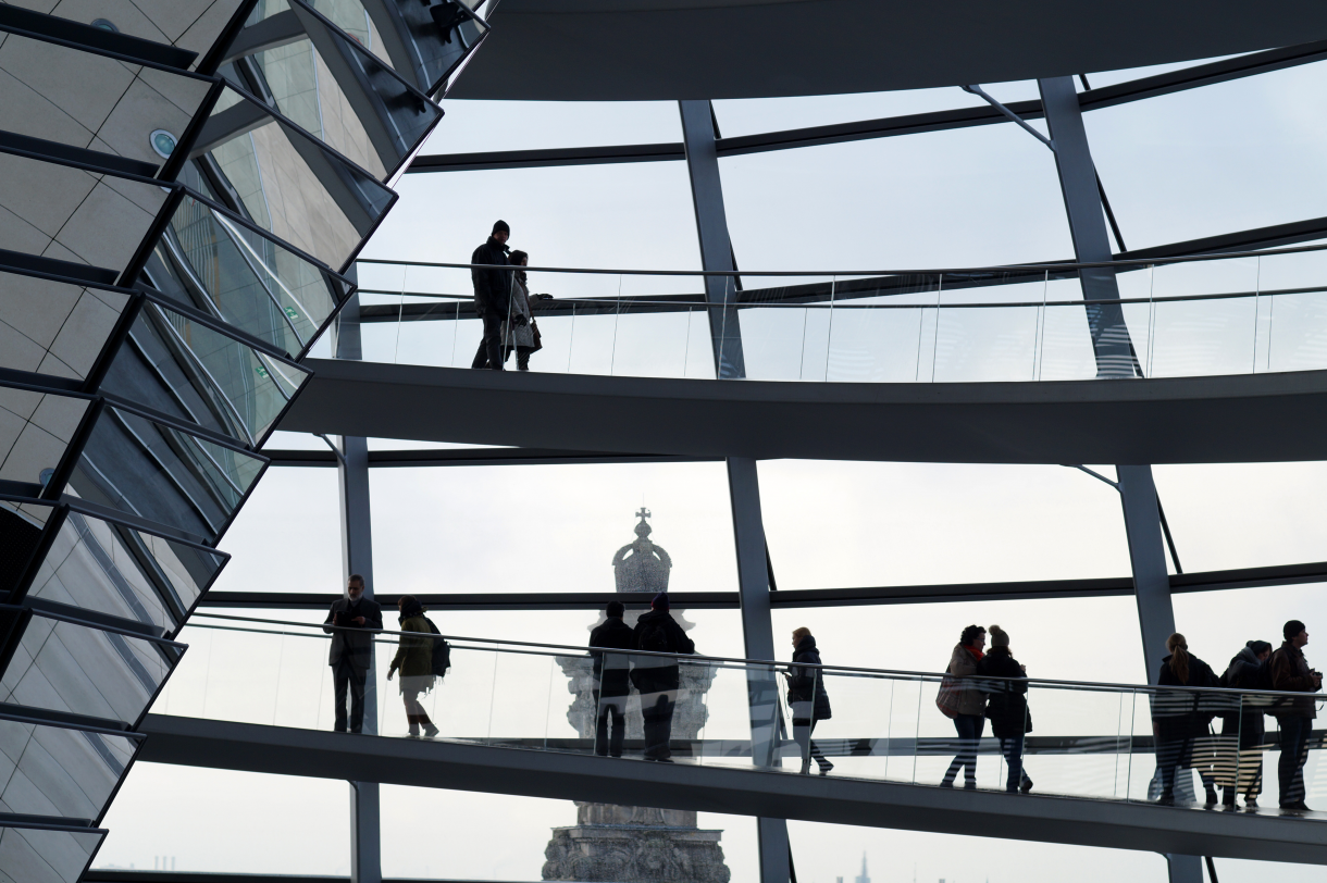 Inside the dome of the Reichstag building