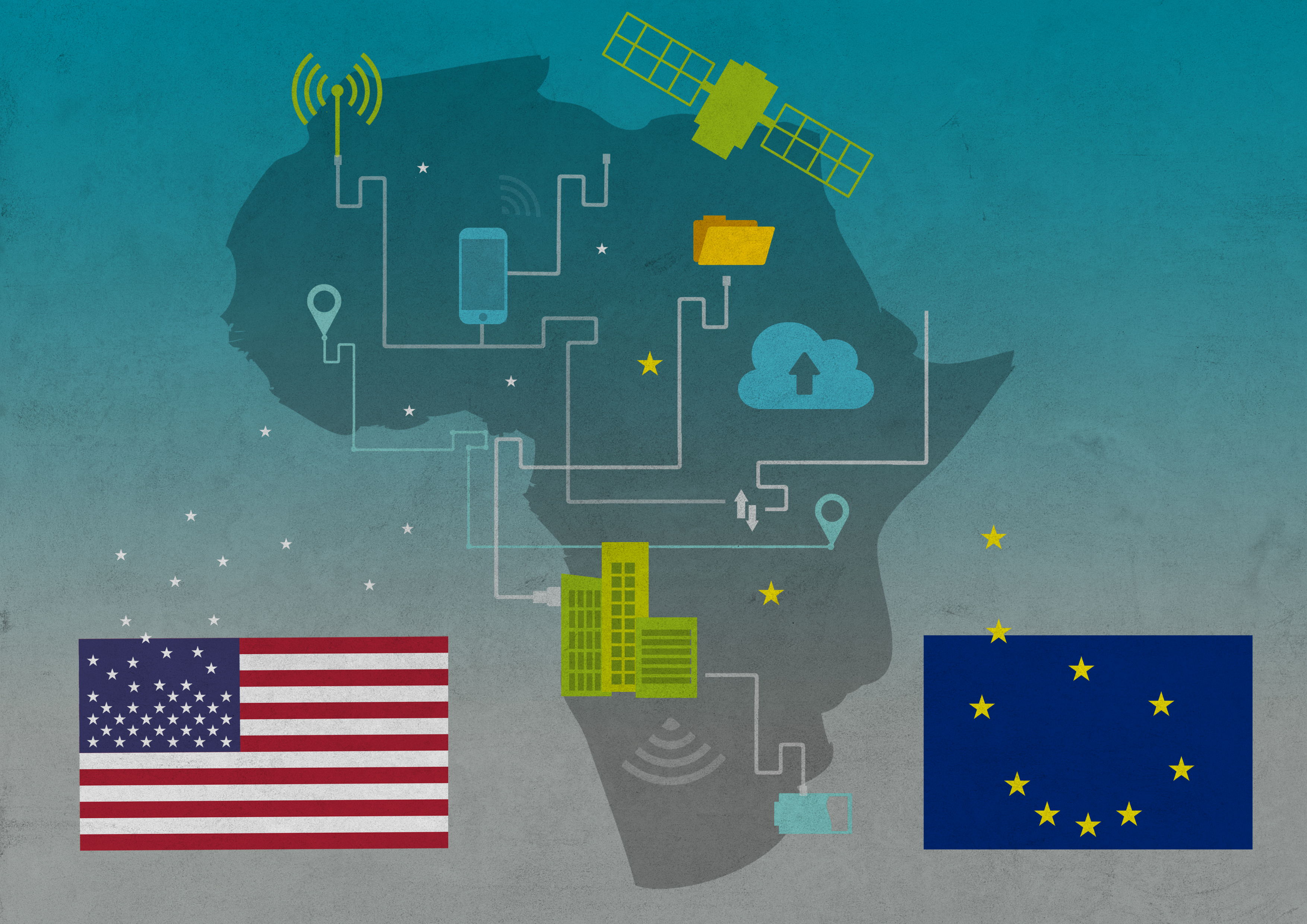 Map of Africa with digital connections and flags of the US and EU