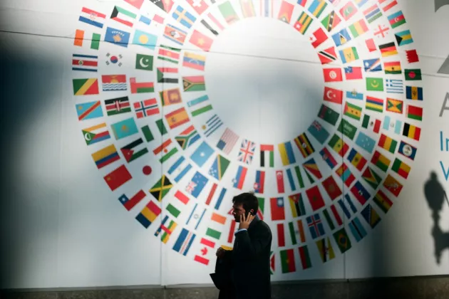 person on phone in front of wall of international flags at World Bank in Washington, DC