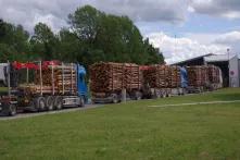 Trucks line up at one of Graanul Invest's four pellet mills in Estonia.