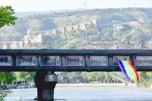 LGBTQ+ activists hung a single rainbow flag off Baratashvili Bridge in central Tbilisi to mark IDAHOT in 2019.