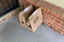 Two bags of groceries from Amazon in front of a home