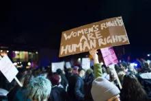 protester wigh sign that says "women's rights are human rights"