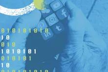 binary code over an image of a person solving a Rubik's cube covered in social media logos