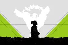 outline of a woman on a field in front of an outline of angel holding a wreath