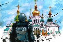 painting of journalist in war gear stands in front of Ukrainian church