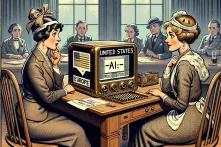 AI generated image of two women in late 1800s/early 1900s sitting at a computer