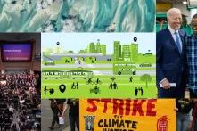 collage of images including biden and a union worker, a fanciful image of a city with public transit, a beach underwater, a banner that says "strike for climate", and a group of students at the harvard german american conference