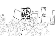 Line drawing of a protest with a sign in the center that says "democracy is in peril defend it with all your might"