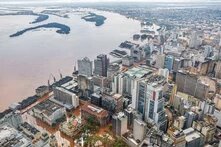 Porto Alegre flooding in Brazil in 2024, with water covering roads downtown