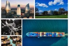 collage of five photos showing Baku, the White House, surveillance technology, the floor of the Michigan House of Representatives, and a ship filled with containers