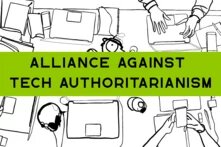 line drawing of people on phones and laptops with the text " ALLIANCE AGAINST TECH AUTHORITARIANISM" overlaid
