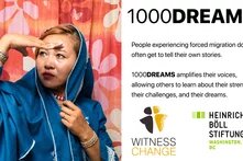 photo of a woman in front of a curtain next to text describing the 1000 Dreams project