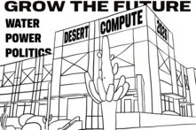 a black line drawing of a cactus in front of a data center with text on it
