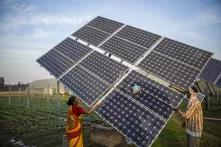 Farm workers clean solar panels at their farm in India