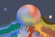 Illustration: Multiple colorful hands reaching toward a glowing, multicolored sphere against a dark background.