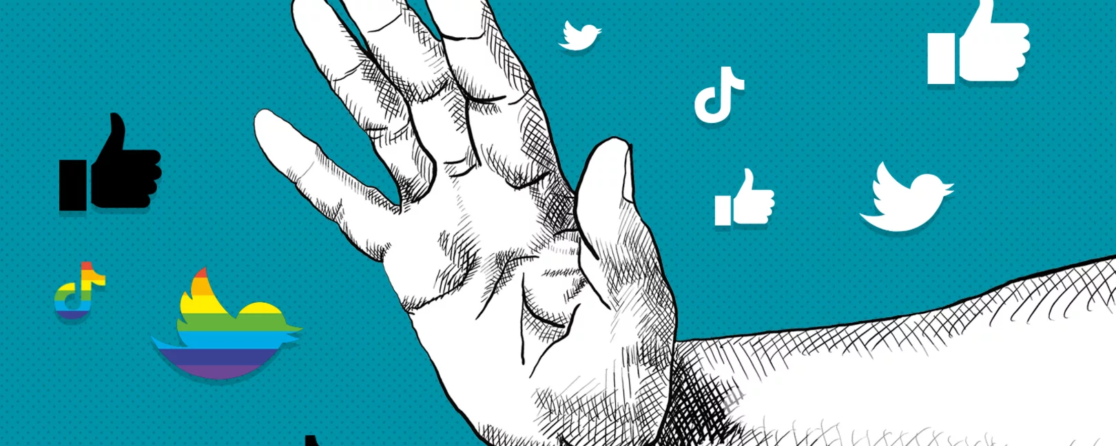 Hand blocks rainbow and black social media symbols