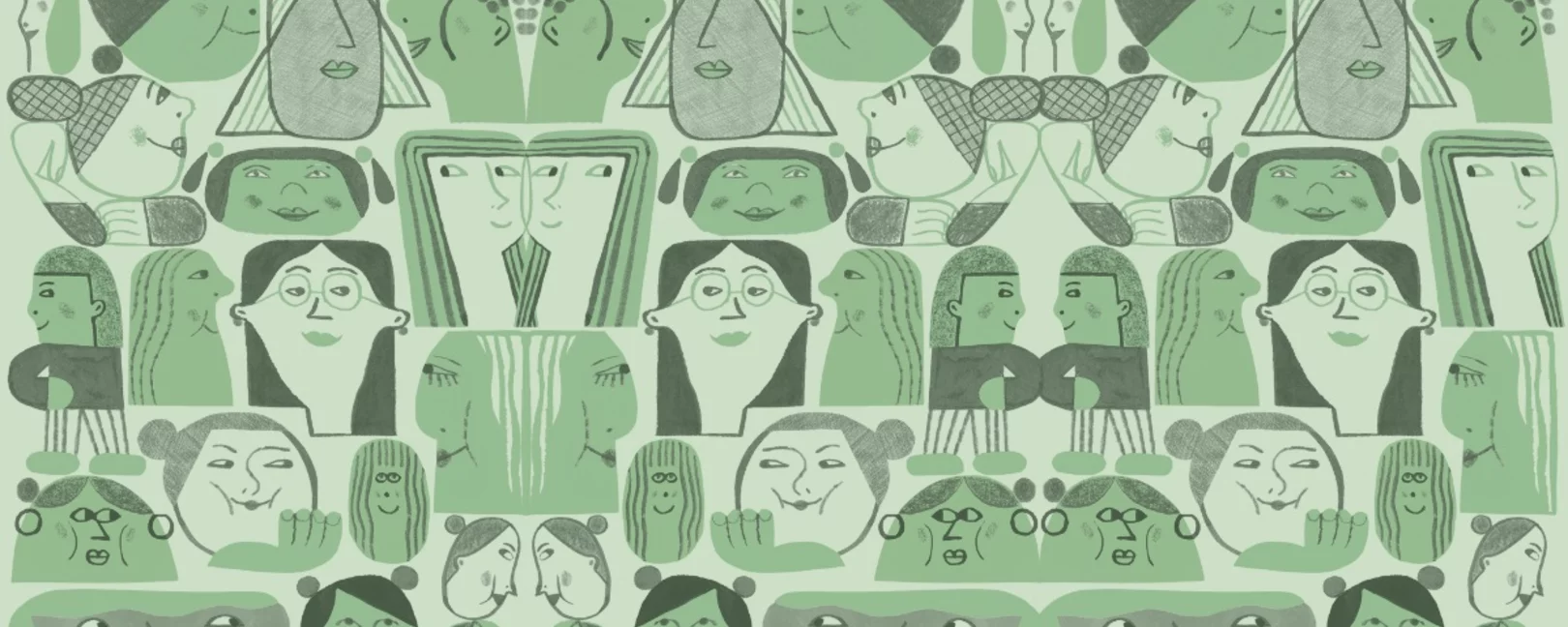green heads of women tiled across a green backbround