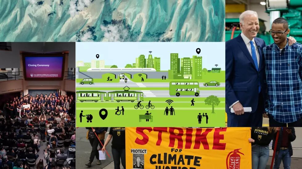 collage of images including biden and a union worker, a fanciful image of a city with public transit, a beach underwater, a banner that says "strike for climate", and a group of students at the harvard german american conference
