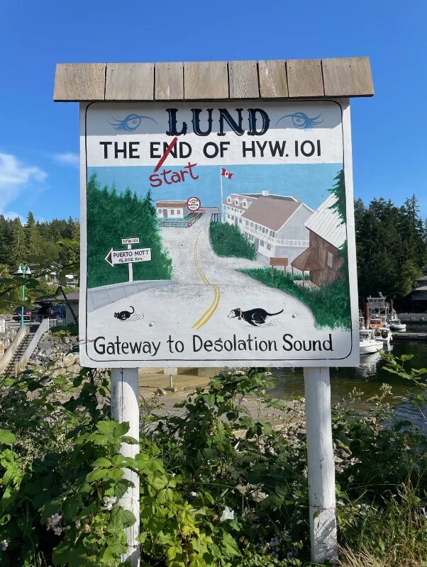 sign saying "Lund: the end of hwy 101"