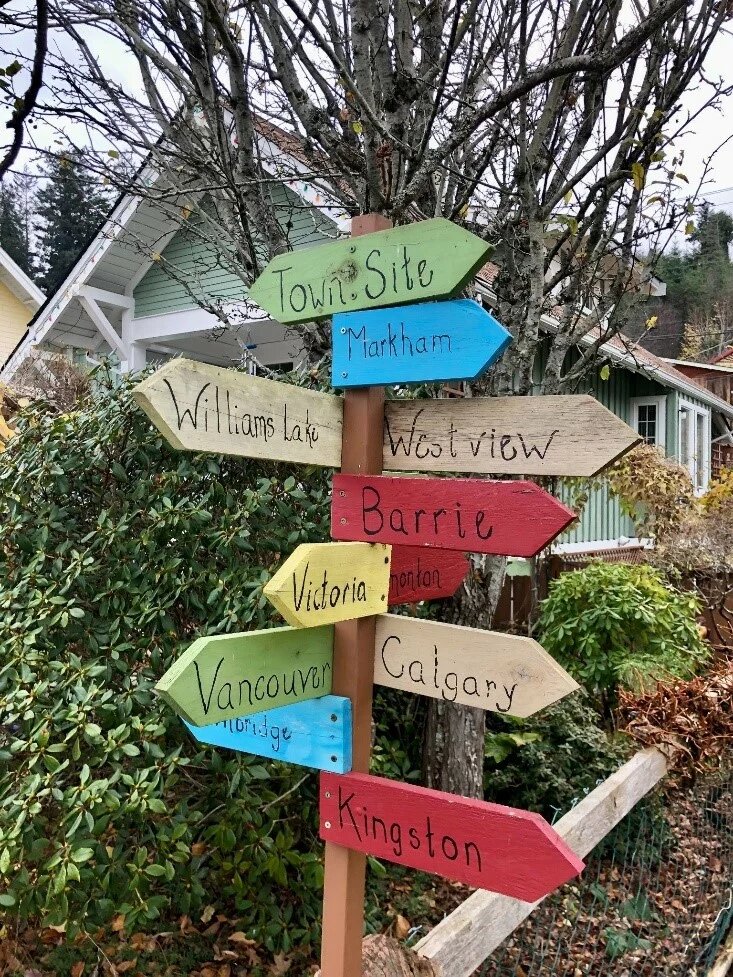 signpost with multicolored arrow signs naming neighborhoods in Powell River