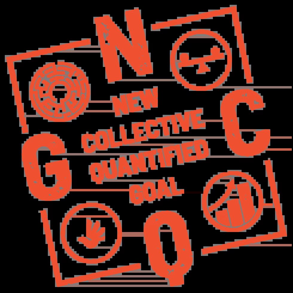 square with the letters "NCQG" that says "new collective quantified goal" and features logos of a balance beam, rising graphs, a dove, and a maze