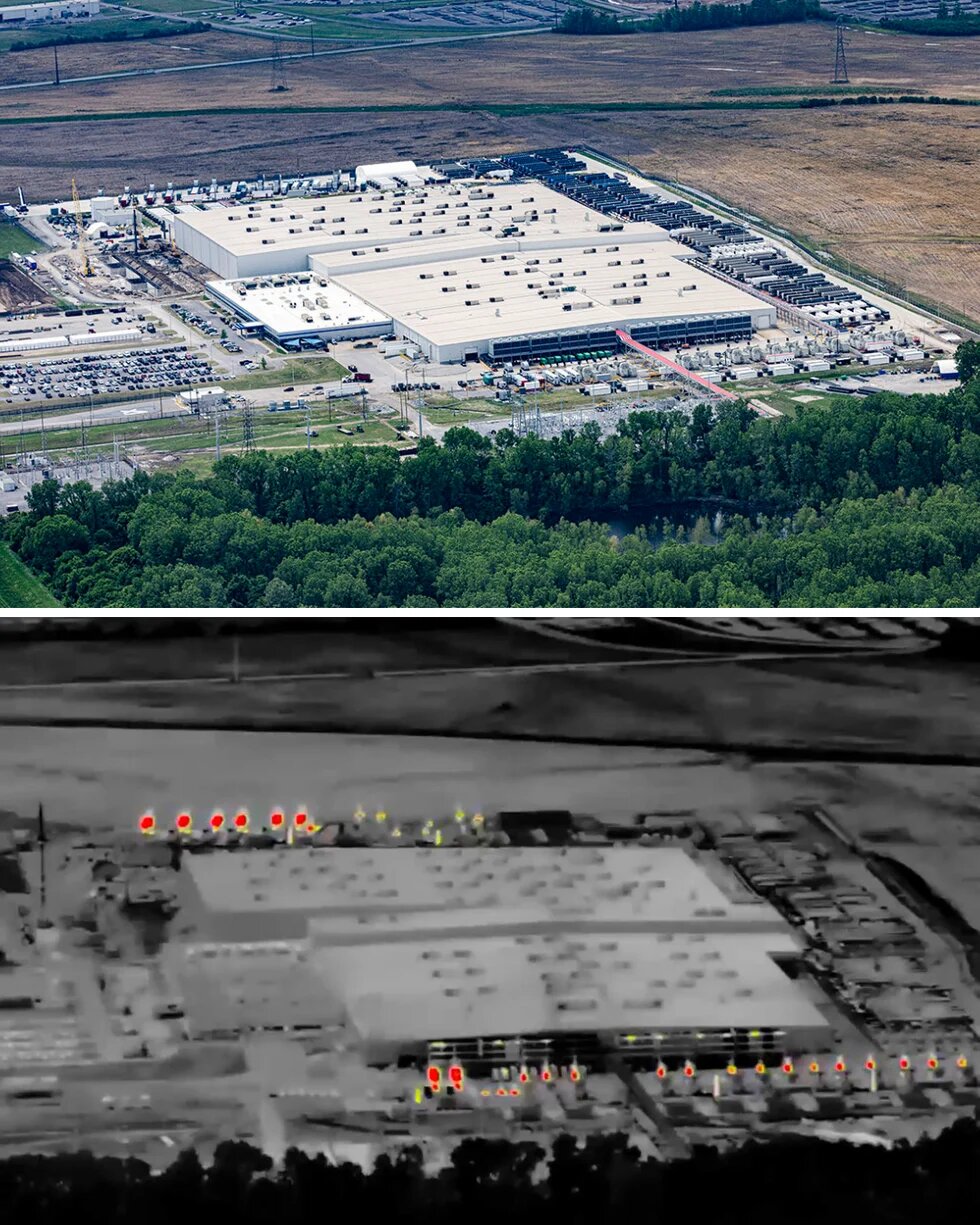 a collage of one regular photo and one thermal photo of the same building. the thermal photo shows many hot spots