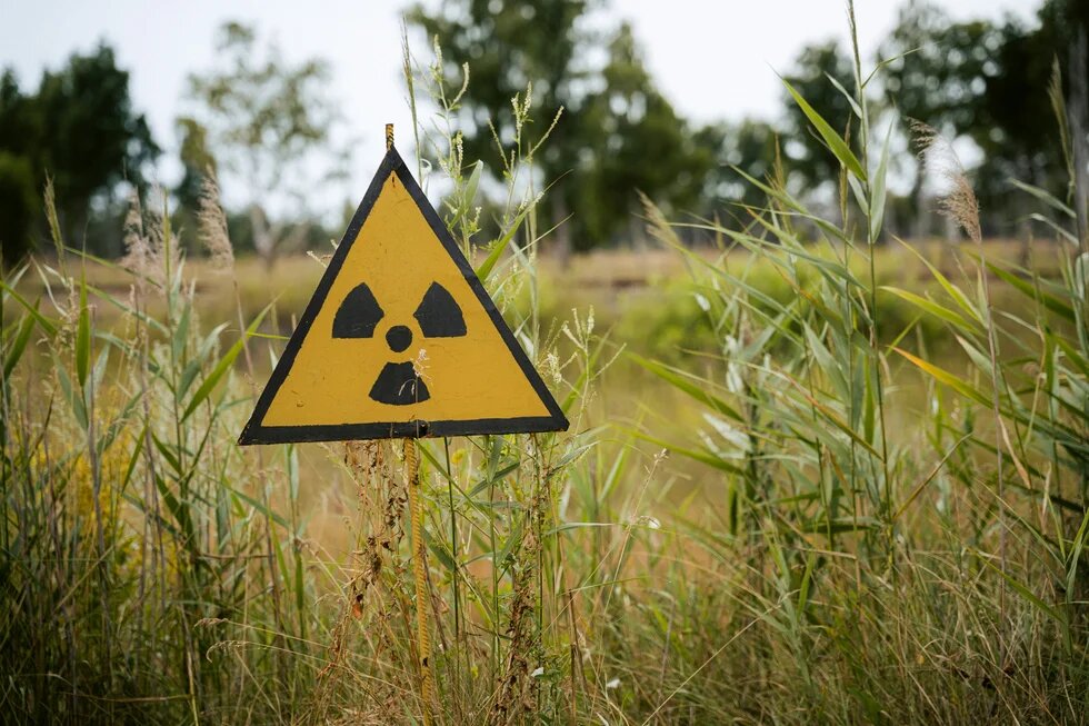 a nuclear sign outside a field of grass
